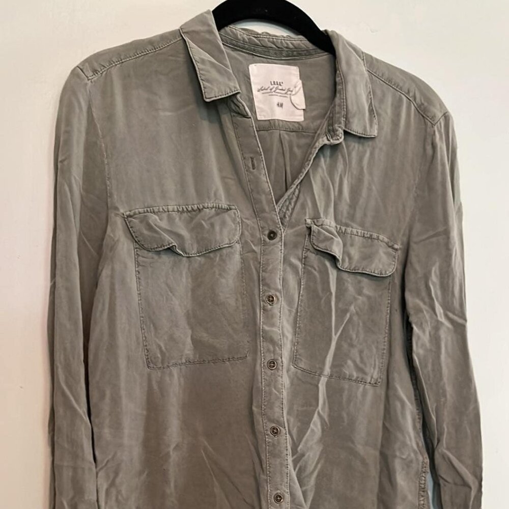 LOGG H&M Long Sleeve SZ 4 Gray-Green Utility Style Button Up Top Military Grunge